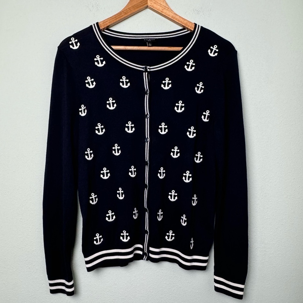 Talbots Nautical Cardigan Embroidered Anchors in Navy Blue & White‎ Sz MP Petite - Picture 4 of 8